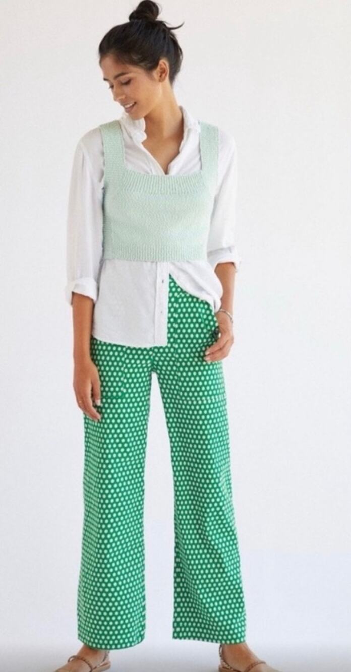 Anthropologie Maeve Colette Green White Wide Leg Cropped Pant Linen Blend Size 2